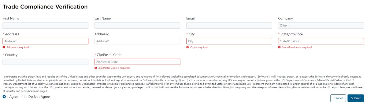 Trade Compliance Verification form